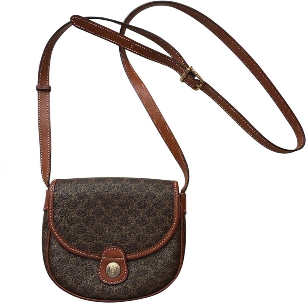 Vintage CELINE Macadam Crossbody Saddle Bag Brown PVC Leather Trim Paris - Picture 2 of 16